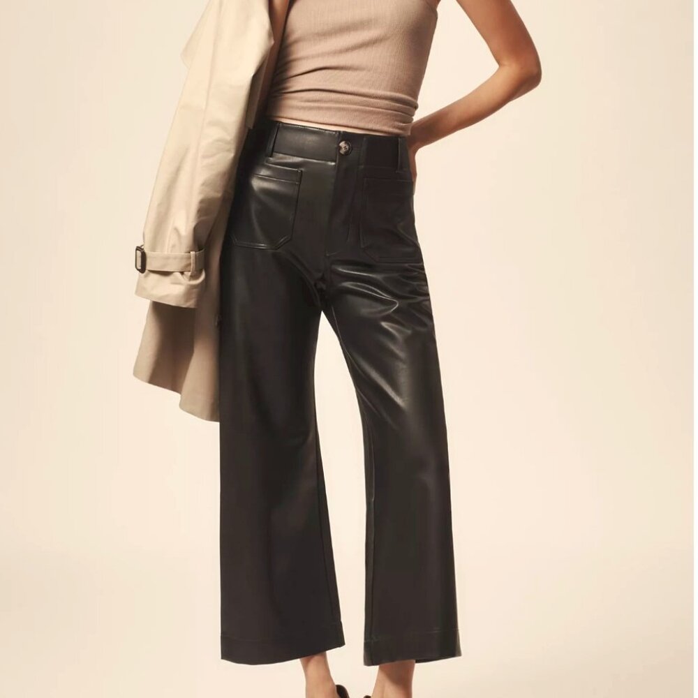 Anthropologie Maeve Colette Cropped Wide-Leg Pants, Faux-Leather, Sz 32, Black